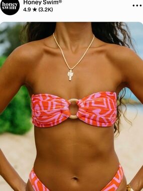 Honey Swim Ribbed Orange-Pink Bandeau Bikini Top And Bottom Set